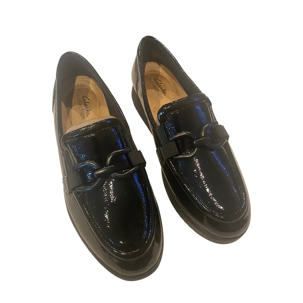 Clarks‎ Collection Black Crinkle Patent Platform Loafers Chain Link 10W NEW